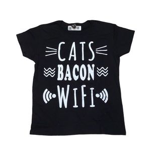 Funny Cats Bacon Wi Fi Black Womens‎ Short Sleeve Tee Shirt Large